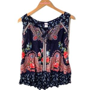Bila Lightweight Sleeveless V-Neck Blouse Printed Peasant Navy Top, Size S